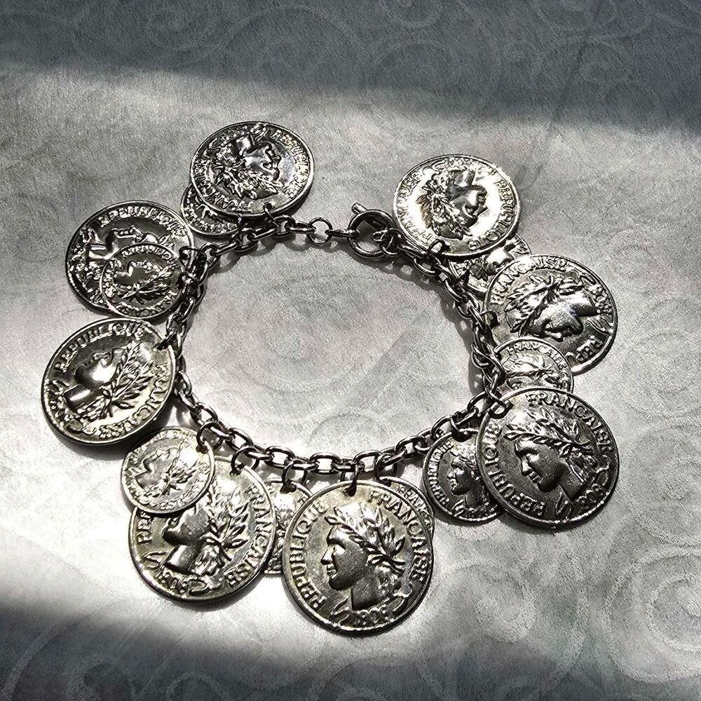 Vintage Sterling French Coin Medallion Charm Bracelet 7" 925 28g